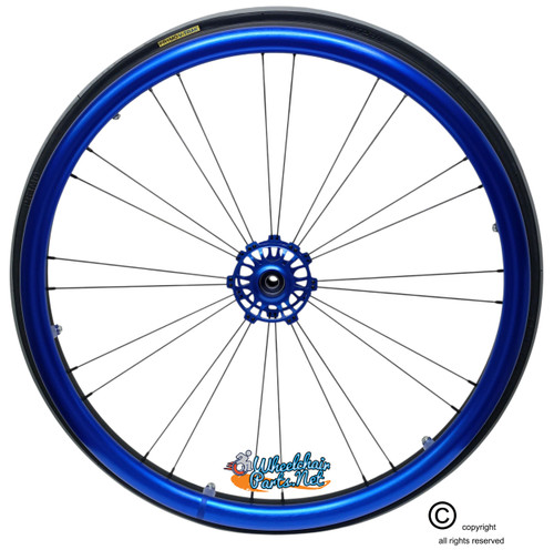 Shivoxx 24"x1" (540) Wheels with Primo V-Trak Grey Tires. Blue Pushrim, Aluminum/Carbon Hub and 1/2" Bearings