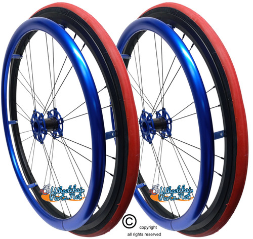 Shivoxx 24"x1" (540) Wheels with Primo V-Trak Red Tires. Blue Pushrim, Aluminum/Carbon Hub and 1/2" Bearings