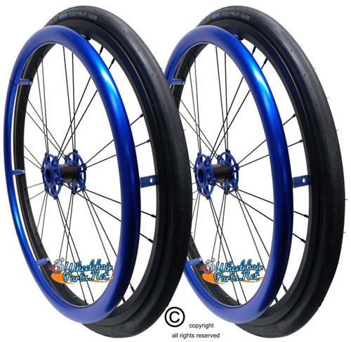 Shivoxx 24"x1" (540) Wheels with Schwalbe RightRun Tires. Blue Pushrim, Aluminum/Carbon Hub and 1/2" Bearings