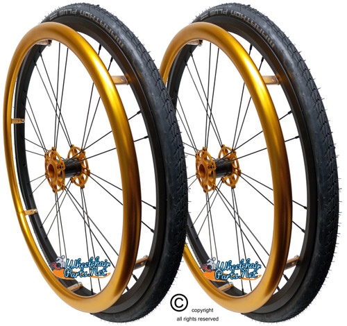 Shivoxx 24"x1" (540) Wheels with Schwalbe Marathon Plus Tires. Gold Pushrim, Aluminum/Carbon Hub and 1/2" Bearings
