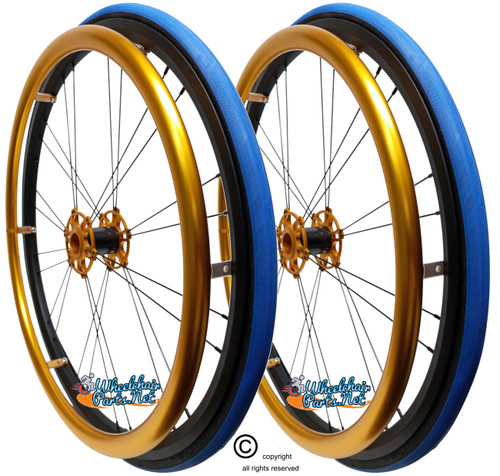 Shivoxx 24"x1" (540) Wheels with Primo V-Trak Blue Tires. Gold Pushrim, Aluminum/Carbon Hub and 1/2" Bearings