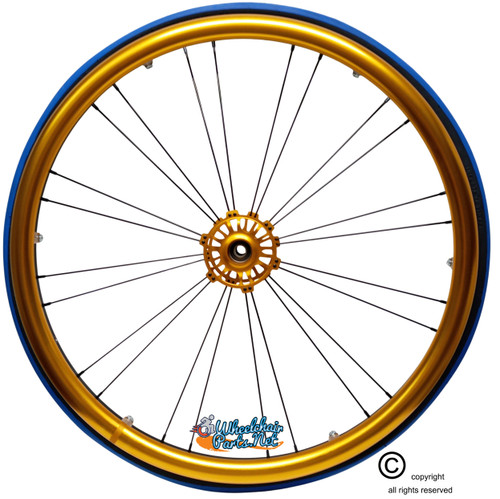 Shivoxx 24"x1" (540) Wheels with Primo V-Trak Blue Tires. Gold Pushrim, Aluminum/Carbon Hub and 1/2" Bearings