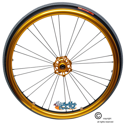 Shivoxx 24"x1" (540) Wheels with Primo V-Trak Grey Tires. Gold Pushrim, Aluminum/Carbon Hub and 1/2" Bearings