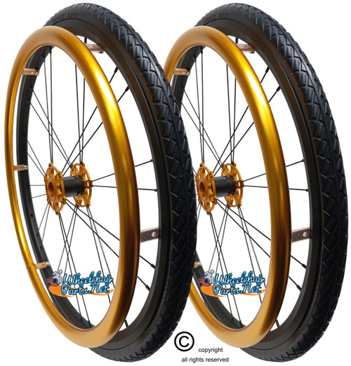 Shivoxx 24"x1" (540) Wheels with Solid SHOX G2 Tires. Gold Pushrim, Aluminum/Carbon Hub and 1/2" Bearings