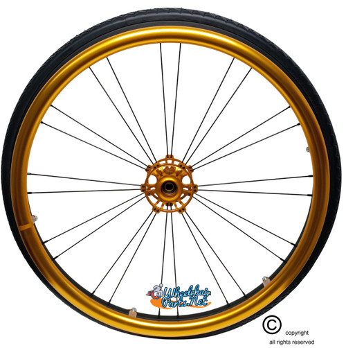 Shivoxx 24"x1" (540) Wheels with Solid SHOX G2 Tires. Gold Pushrim, Aluminum/Carbon Hub and 1/2" Bearings