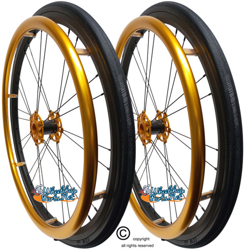Shivoxx 24"x1" (540) Wheels with Solid SHOX G1 Tires. Gold Pushrim, Aluminum/Carbon Hub and 1/2" Bearings