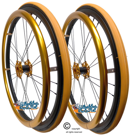 Shivoxx 24"x1" (540) Wheels with Primo V-Trak Orange Tires. Gold Pushrim, Aluminum/Carbon Hub and 1/2" Bearings