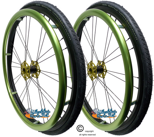 Shivoxx 24"x1" (540) Wheels with Schwalbe Marathon Plus Tires. Green Pushrim, Aluminum/Carbon Hub and 1/2" Bearings