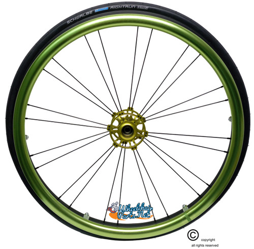 Shivoxx 24"x1" (540) Wheels with Schwalbe RightRun Tires. Green Pushrim, Aluminum/Carbon Hub and 1/2" Bearings
