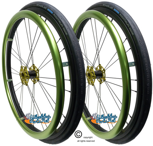 Shivoxx 24"x1" (540) Wheels with Schwalbe RightRun Tires. Green Pushrim, Aluminum/Carbon Hub and 1/2" Bearings