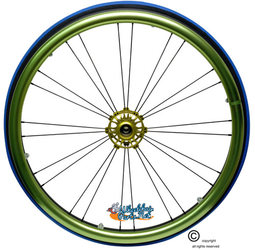 Shivoxx 24"x1" (540) Wheels with Primo V-Trak Blue Tires. Green Pushrim, Aluminum/Carbon Hub and 1/2" Bearings