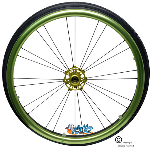 Shivoxx 24"x1" (540) Wheels with SOLID SHOX G2 Tires. Green Pushrim, Aluminum/Carbon Hub and 1/2" Bearings