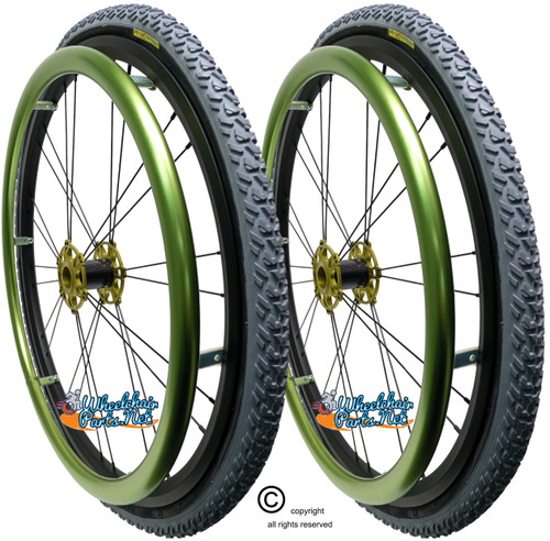 Shivoxx 24"x1 3/8" (540) Wheels with Primo All Terrain Tires. Green Pushrim, Aluminum/Carbon Hub and 1/2" Bearings