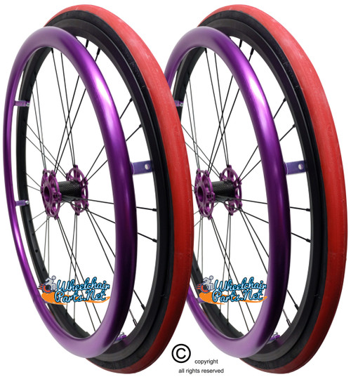 Shivoxx 24"x1" (540) Wheels with Primo V-Trak  Red Pneumatic Tires. Purple Pushrim, Aluminum/Carbon Hub and 1/2" Bearings