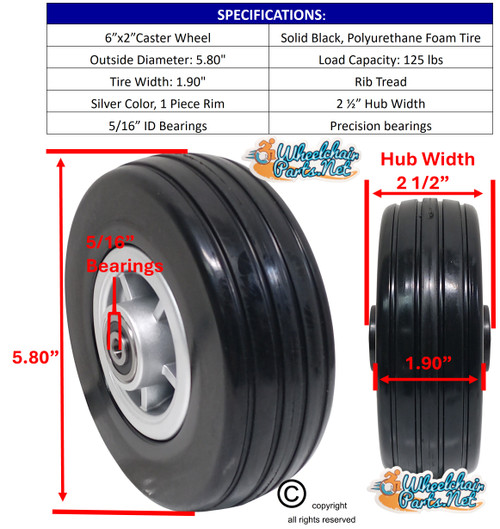 6" x 2" Caster Wheel Assembly for Quantum Q6 Edge & Q6000Z. SET OF TWO. Black/Silver