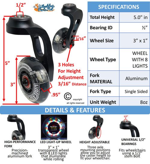 5" Aluminum Single-Sided Wheelchair Fork Assembly with 4" x 1" LED Wheel. Set of 2