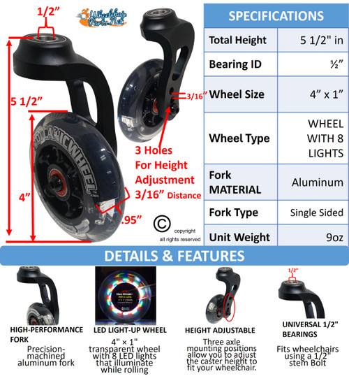 5" SHORT Aluminum Single-Sided Wheelchair Fork Assembly with 4" x 1" LED Wheel. Set of 2