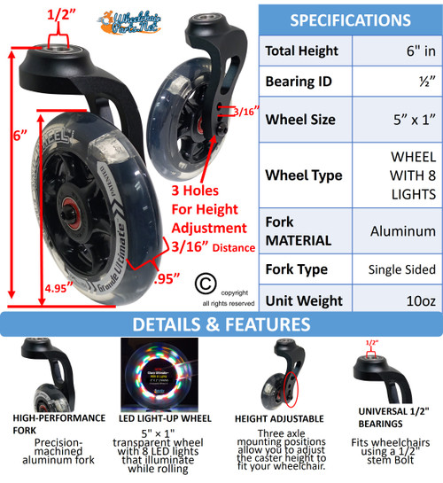 5" SHORT Aluminum Single-Sided Wheelchair Fork Assembly with 5" x 1" LED Wheel. Set of 2