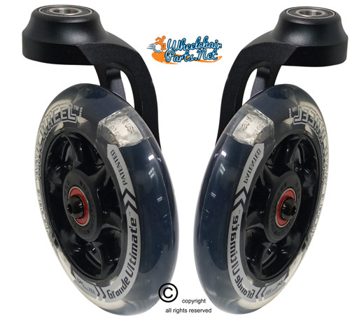 5" SHORT Aluminum Single-Sided Wheelchair Fork Assembly with 5" x 1 1/8" LED Wheel. Set of 2