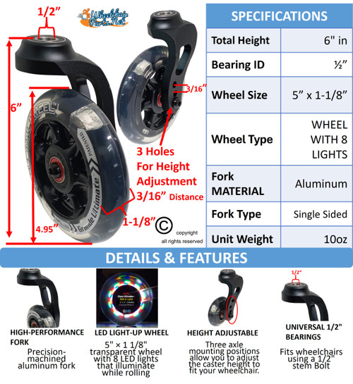 5" SHORT Aluminum Single-Sided Wheelchair Fork Assembly with 5" x 1 1/8" LED Wheel. Set of 2