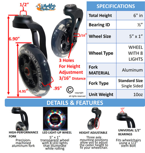 6" STANDARD Aluminum Single-Sided Wheelchair Fork Assembly with 5x1" LED Wheel. Set of 2