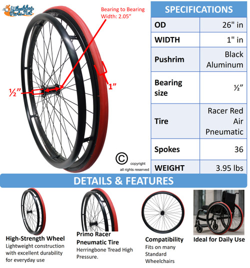 SET of 2,  26"x1 3/8" (590mm) PNEUMATIC ASSEMBLY, 36Spoke Rim, Racer Red TIRE & TUBE. PUSH RIMS