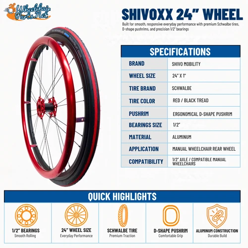 SHIVOXX 24" X 1" (540 Mm) Wheels with Schwalbe RightRun Red Tires. Red Pushrim, Aluminum/Carbon Hub and 1/2" Bearings | Set of 2