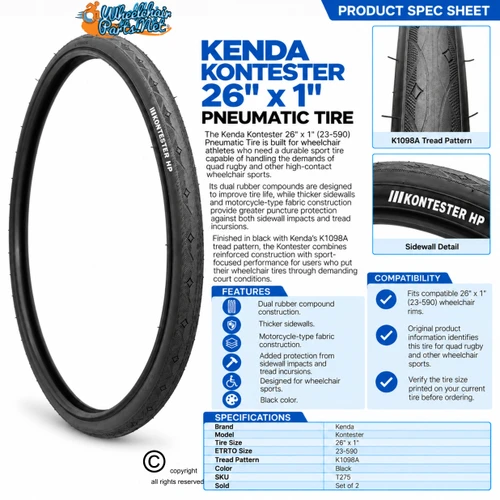 26" x 1" (23-590) Kenda Kontester. Black Color. Racing & Court Tire | Set of 2