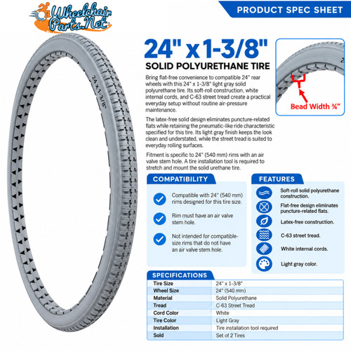 24" x 1-3/8" Light Gray Soft-Roll C-63 Solid Polyurethane Tires | Set of 2