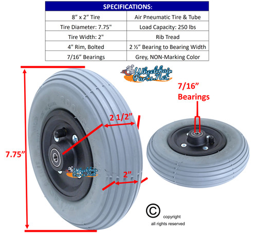 8 x 2"(200X50) Pneumatic Tire and Tube Caster Wheel with 7/16" Bearings. Sold as Pair