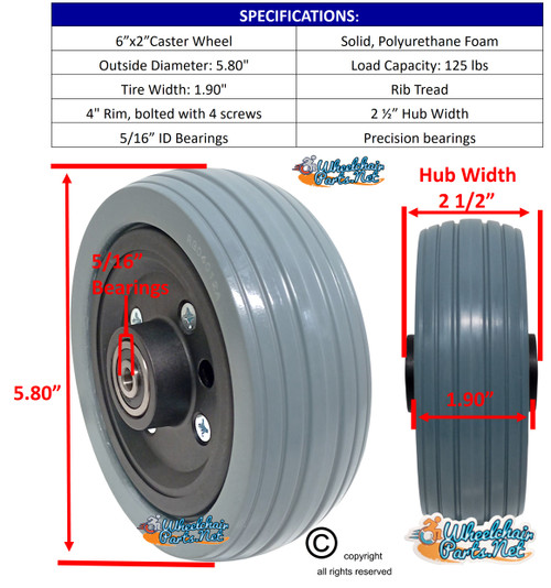6x2 Caster Wheel, Black hub, Light grey tire w bearings & spacer. Sold as Pair