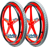 Set of 2 X-CORE Wheels in 24" (540) RED Color With ALL TERRAIN Tires & PushRims