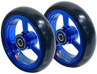 4" X 1" Aluminum 3 Spoke Wheel, Blue Rim / Soft Urethane Tire with 5/16" bearings.