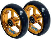 4" X 1" Aluminum 3 Spoke Wheel, Gold Rim / Soft Urethane Tire with 5/16" bearings.