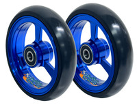 5" X 1" Aluminum 3 Spoke Wheel, Blue Rim / Soft Urethane Tire with 5/16" bearings.