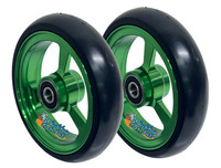 5" X 1" Aluminum 3 Spoke Wheel, Green Rim / Soft Urethane Tire with 5/16" bearings.