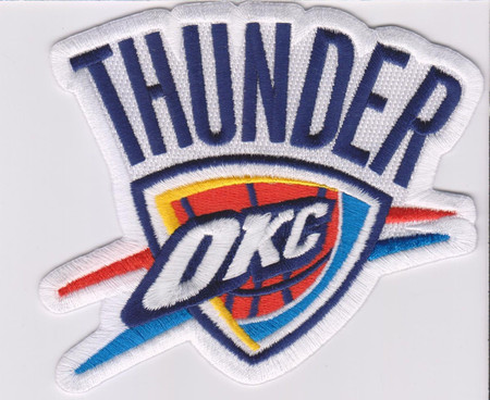 Oklahoma City Thunder Global Logo; 4 1/2" Wide; 100% Embroidery; Knife Cut to Shape; 4220 Heat Seal Backing w/Pressure Sensitive Strip; (UPC # 813300019494)