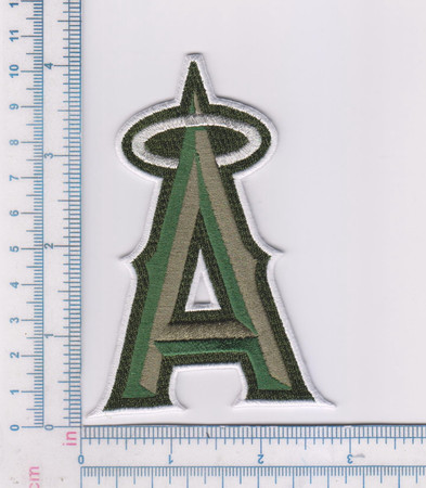 Los Angeles Angels "A" USMC; 70.6mm Tall x 101.6mm Wide; 100% Embroidery on Twill + Nylon; Knife Cut to Shape; 4220 Heat Seal Backing w/Pressure Sensitive Strip (UPC # 818437020887)