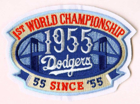Los Angeles Dodgers First Champions Since 1955; 4.375" Wide x 3 2/8" Tall; 100% Embroidery; Knife Cut to Shape; Collector Patch Backing (UPC # 813300011009)
