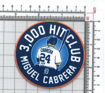 Miguel Cabrera 3000 Hit Club (Detroit Tigers) FanPatch, 3" Round, Sublimation/Embroidery, Knife Cut, 4220 Heat Seal Backing w/Pressure Sensitive Strip (UPC # 818437038837)