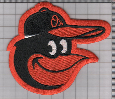Baltimore Orioles Bird Head Hat Logo, 4" Tall, 100% Embroidery, Knife Cut to Shape, Collector Patch Backing (UPC # 813300015625)