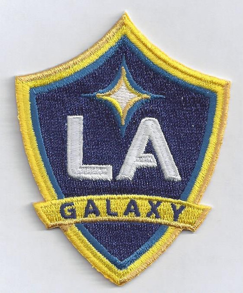 LA Galaxy; 3 1/8" Tall; 100% Embroidery; Knife Cut to Shape; 4220 Heat Seal  w/Pressure Sensitive Strip (UPC # 818437028203)