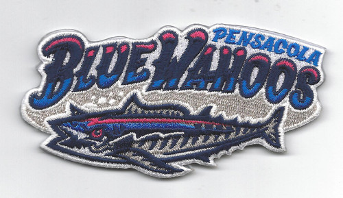 Pensacola Blue Wahoos Primary Logo; 4" Wide; 100% Embroidery/Knife Cut to Shape; Collector Patch Backing w/MiLB  Packaged (UPC# 813300018909)