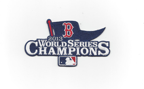 World Series Champions 2013 Boston Red Sox; 4 3/4" Wide x 2 5/8" Tall; 100% Embroidery; Knife Cut to Shape; Collector Patch Backing (UPC # 813300016097)