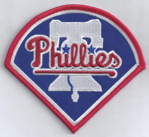 Philadelphia Phillies Liberty Bell Primary Logo, 4 1/4" Wide X 3 7/8" Tall, 50% Embroidery on Blue Twill,  Overlock Border, Collector Patch Backing (UPC # 858230001072)