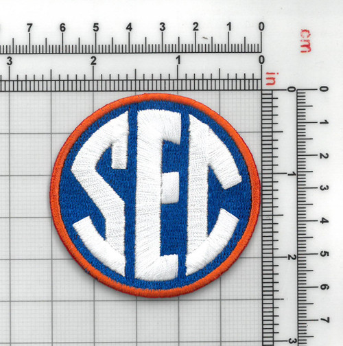 SEC Football Disc Florida (Orange Border/Blue Background)1.25" Round,100% Embroidery/Knife Cut to Shape,4220 Heat Seal Backing w/Pressure Sensitive Strip/PACKAGED (UPC # 813300016899)