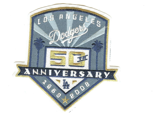 Los Angeles Dodgers 50th Anniversary 1958-2008,(Gold Metallic DJ901) 4 9/16" Tall X 4 1/2" Wide, 100 % Embroidery with a white Twill inside border, Stitched Edge - Knife Cut, Collector Patch Backing (UPC 858230001317)