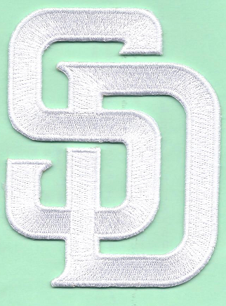 San Diego Padres "SD" White, 4" Tall X 3 1/8" Wide, 100% Embroidery, Knife Cut to Shape, Collector Patch  Backing (UPC # 813300011658)