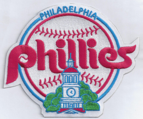 Philadelphia Phillies Alternate Primary Logo 1984-1991, 4 1/2" Wide x 3 3/4" Tall, 90% Embroidery on White Twill, Die Cut to Shape, Collector Patch Backing (UPC # 813300012303)