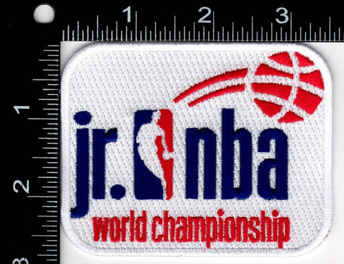 Jr. NBA World Championship; 3.5" Wide; 100% Embroidery; Knife Cut; 4220 Heat Seal Backing